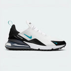Highlights the high-velocity sweep of the clean White mesh upper, showing the professional, matte finish of the flexible overlay and the striking contrast of the large Dusty Cactus teal Max Air unit in the heel.