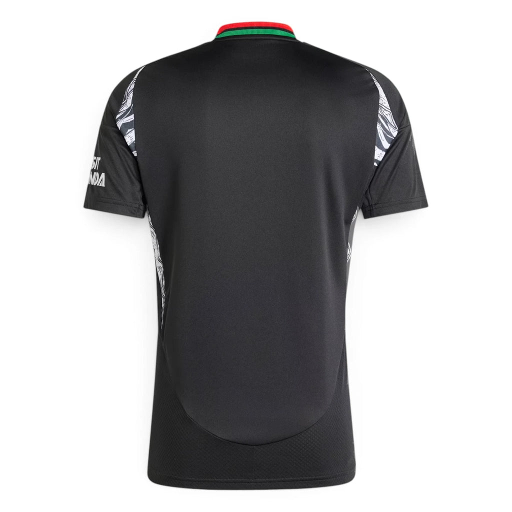 Rear-facing overhead view of the black jersey, displaying the clean unbranded back panel, curved droptail hem, and collar trim.