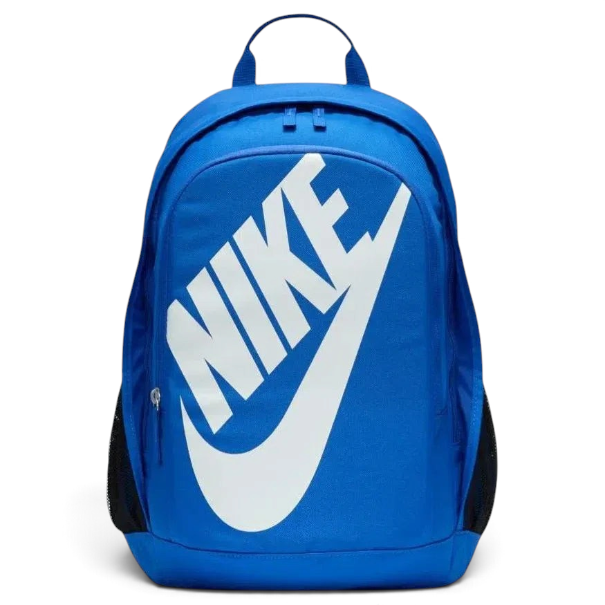 Overhead view of the backpack laid flat, highlighting the dual-zipper configuration and the oversized white Nike logo on the front.