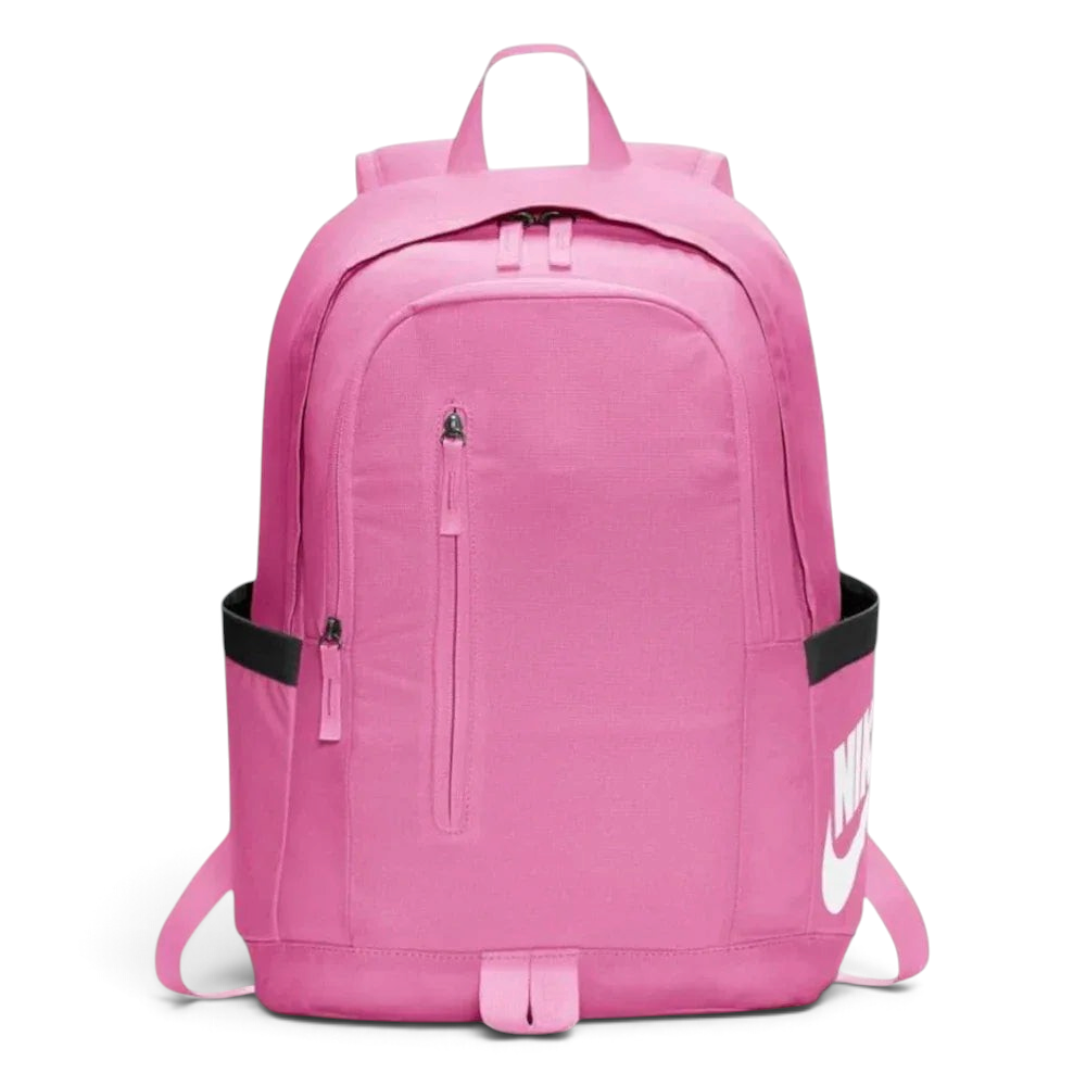 Main profile of the pink Nike All Access Soleday backpack, showing the slim construction and zippered side pocket.