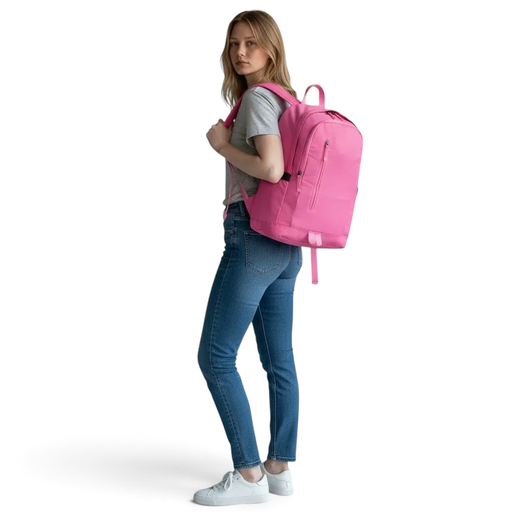 Woman wearing a pink backpack against a plain background