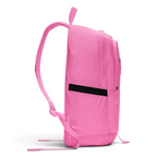 Side profile of the pink Nike All Access Soleday backpack, showing the slim construction and zippered side pocket.