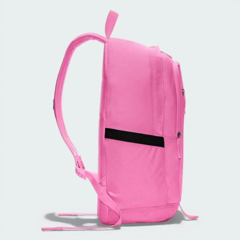 Side profile of the pink Nike All Access Soleday backpack, showing the slim construction and zippered side pocket.
