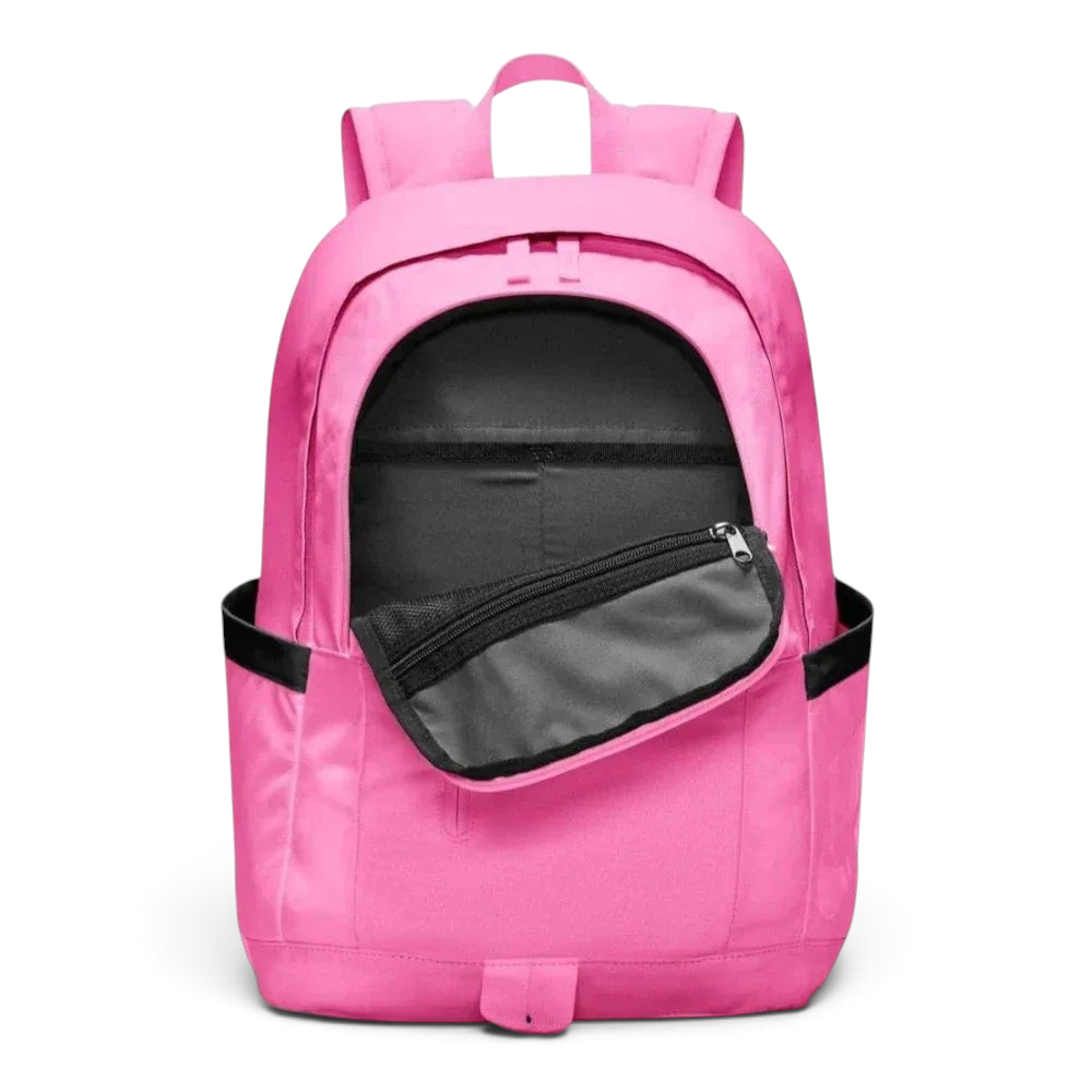 Overhead view of the backpack, showcasing the wide opening of the main compartment with dual zippers.