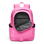 Overhead view of the backpack, showcasing the wide opening of the main compartment with dual zippers.
