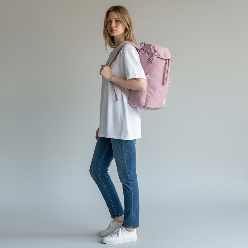 Woman holding a pink backpack against a plain background