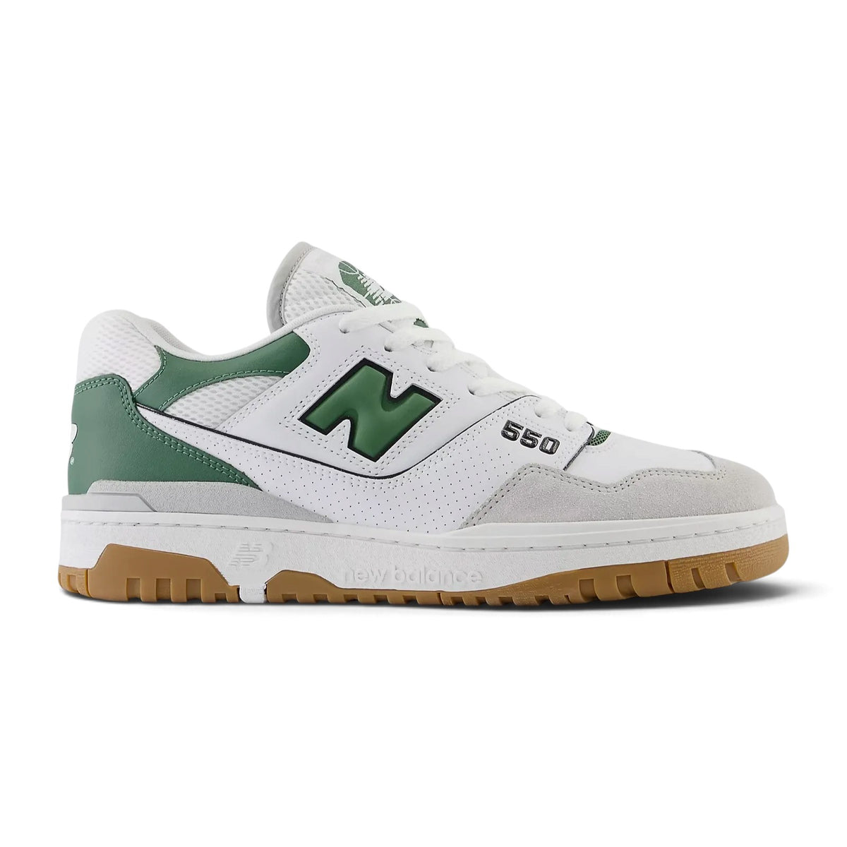 Displays the full lateral silhouette featuring the crisp white full-grain leather upper, perforated midfoot panels, Brighton Grey suede toe bumper, puffed two-tone 'N' logo with Nori green border, stitched white midsole, and rubber outsole rim. Main image