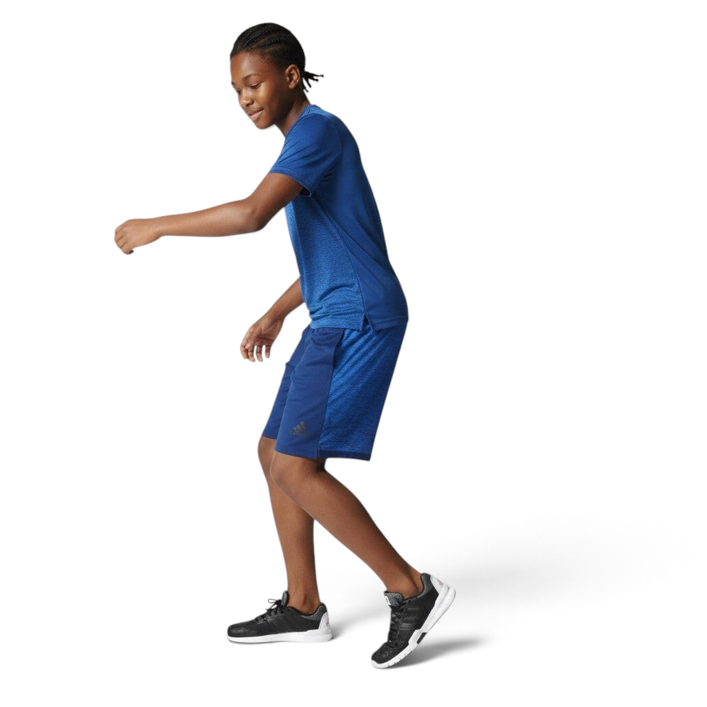 Person wearing a blue athletic outfit on a white background