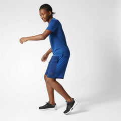 Person wearing a blue athletic outfit on a white background
