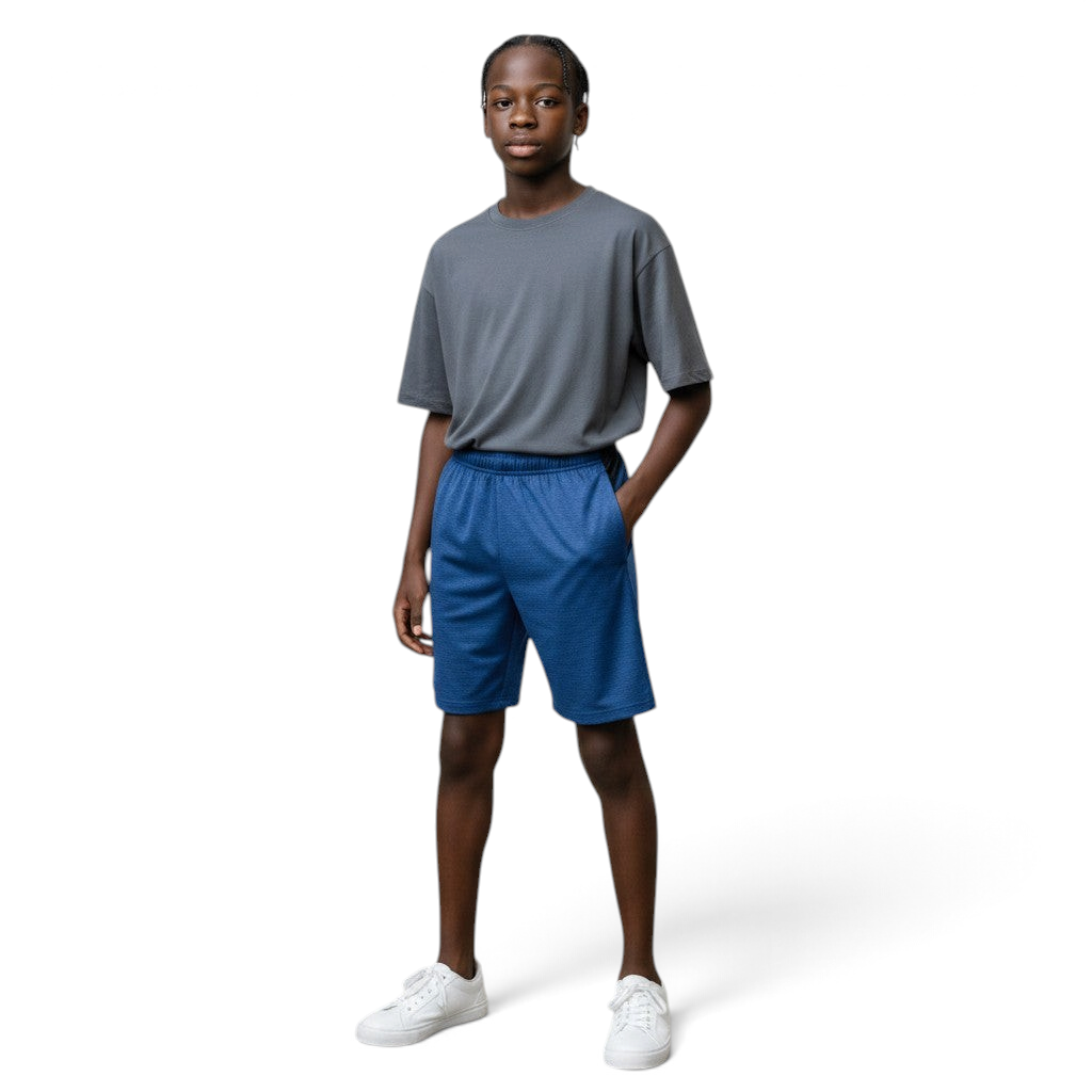 Person wearing a gray t-shirt and blue shorts standing against a plain background