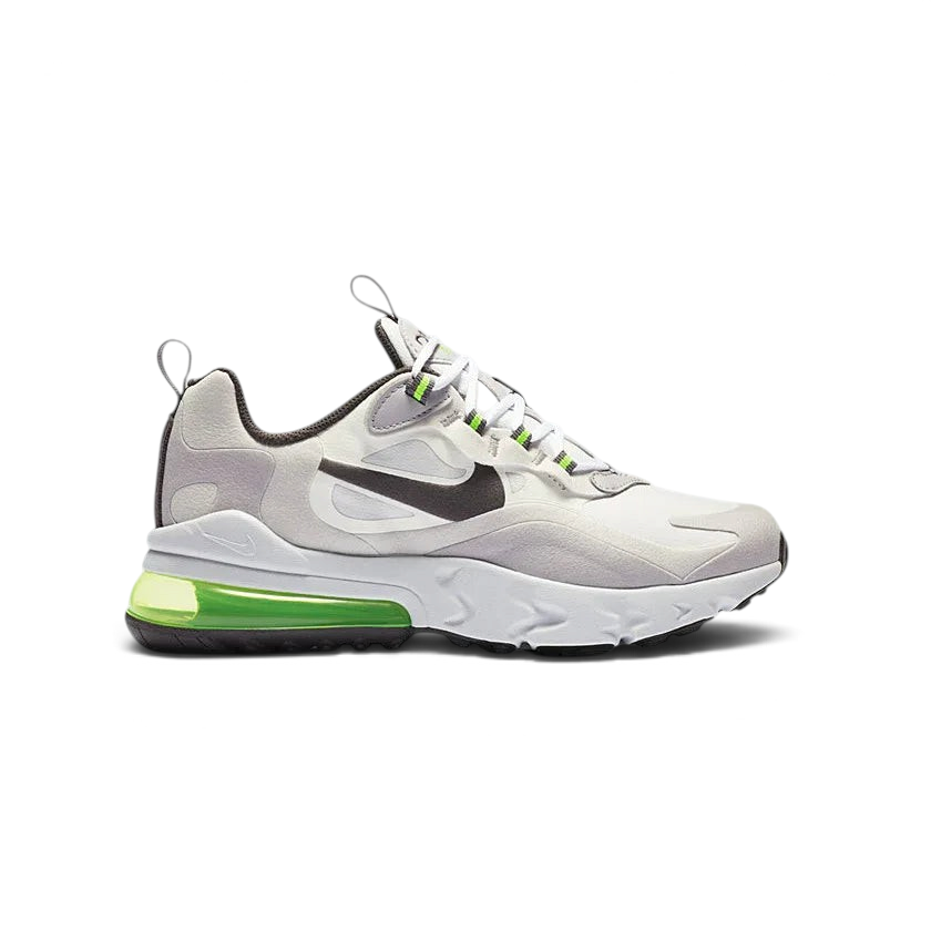 Nike Air Max 270 Juniors' trainers in summit white with silver and lilac accents, side profile showing prominent 270-degree visible Max Air unit and mesh upper.