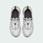 Top-down view of a pair of Nike Air Max 270 Juniors' trainers in white, highlighting their sleek silhouette and lace-up closure.