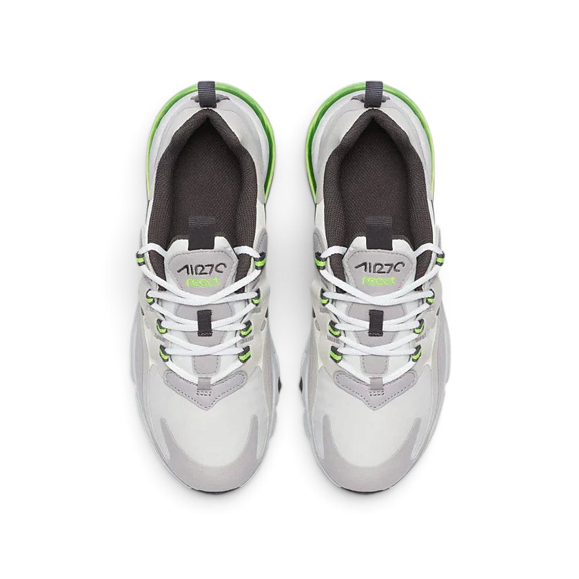 Top-down view of a pair of Nike Air Max 270 Juniors' trainers in white, highlighting their sleek silhouette and lace-up closure.