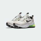 Angled view of two Nike Air Max 270 Juniors' trainers in summit white, silver, and lilac, side by side, showcasing their bold design and visible Air unit.