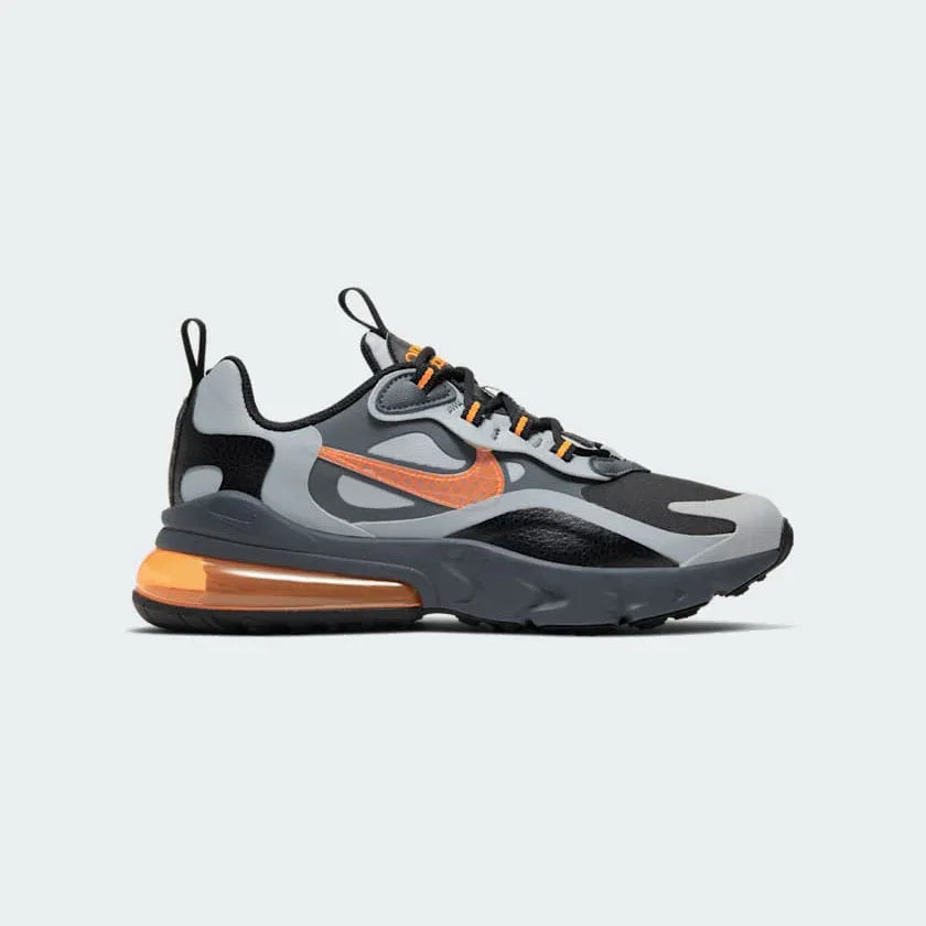 Nike Air Max 270 React Winter Juniors' trainers in black with total orange and wolf grey accents, side profile showing prominent 270-degree visible Max Air unit and React foam midsole Main image