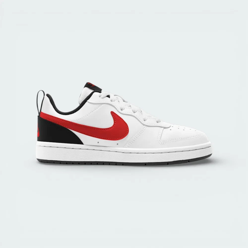 Side profile of the Nike Court Borough Low 2 in White, showing the bold University Red Swoosh and the clean, structured midsole.