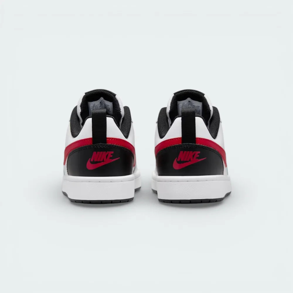 Rear view focusing on the University Red heel tab and the embossed Nike logo on the black heel counter.