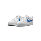 Three-quarter forward angle showcasing both sneakers side by side, highlighting their retro basketball court stance and clean blue-and-white color blocking.