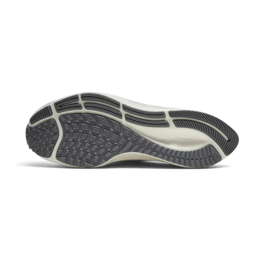 View of the outsole of the Nike Air Zoom Pegasus 37 Men's grey running trainers, showing the durable rubber waffle-inspired tread pattern for road traction.