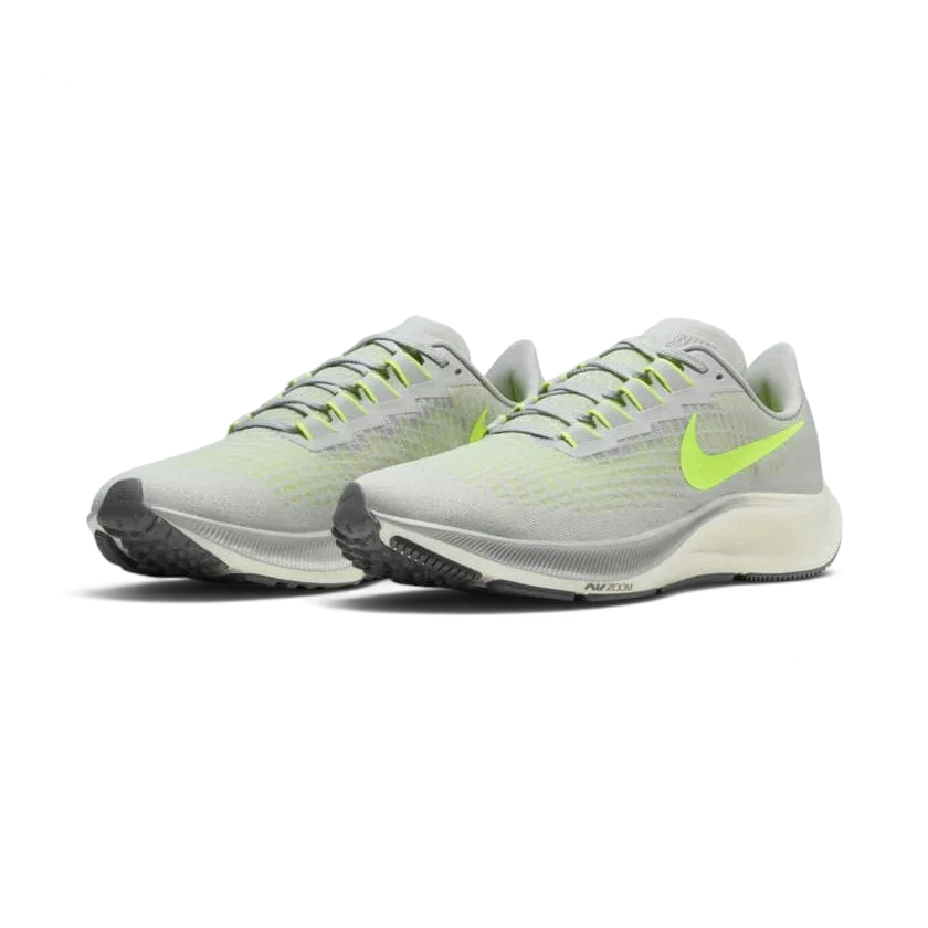 Angled view of two Nike Air Zoom Pegasus 37 Men's grey running trainers, side by side, showcasing their responsive design and athletic profile.