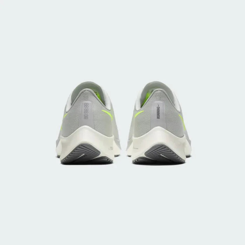 Rear view of the Nike Air Zoom Pegasus 37 Men's grey running trainers, focusing on the supportive heel collar and design for smooth transitions.