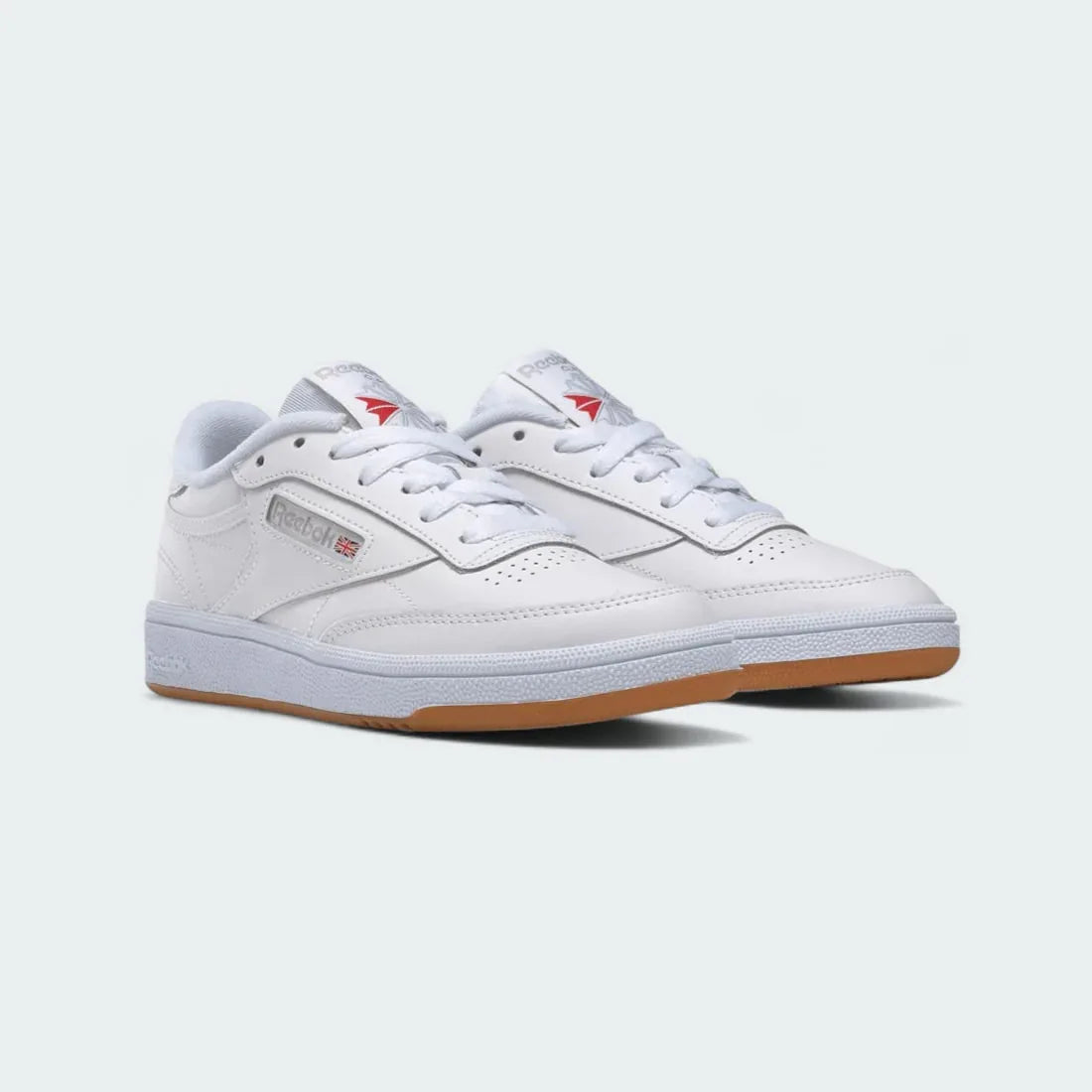 Reebok Club C 85 Women's White Leather Trainers BS7686 angled view highlighting soft leather panels and vintage styling