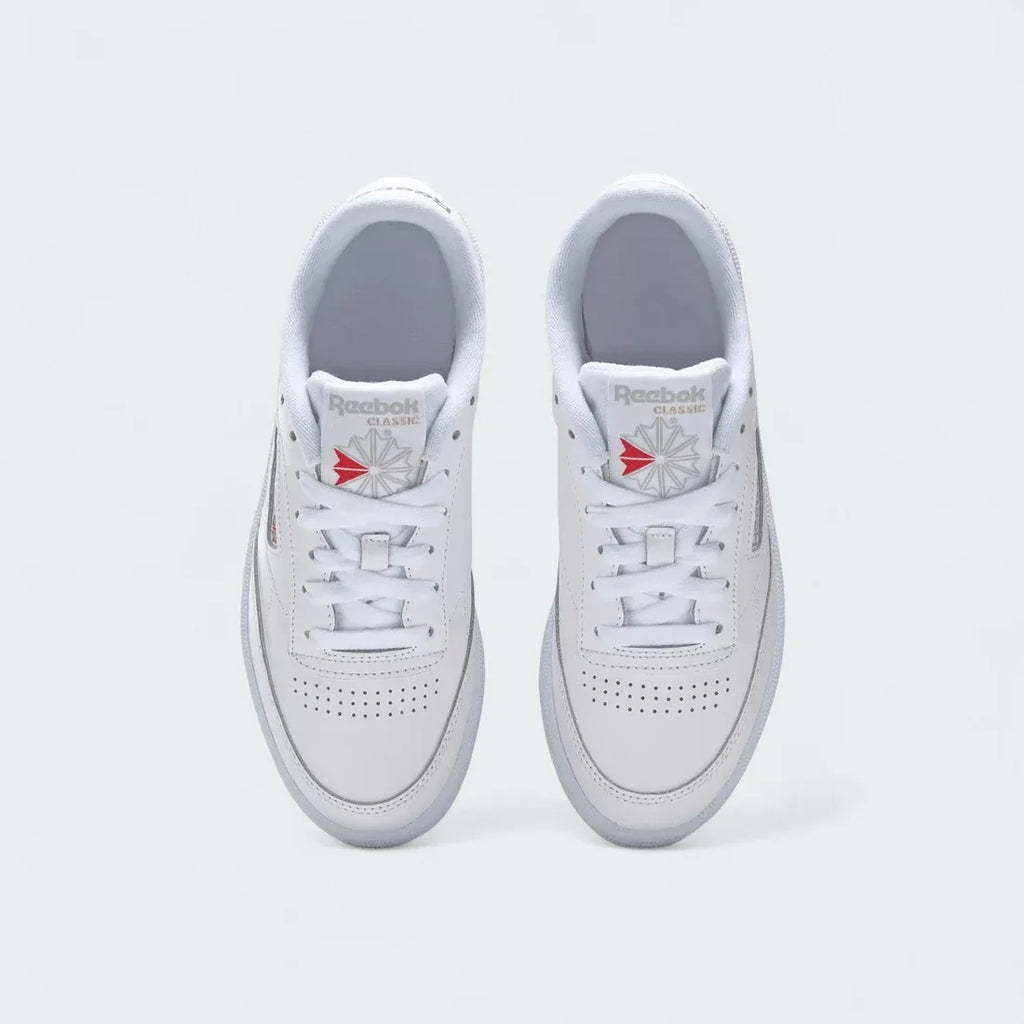 Reebok Club C 85 Women's White Leather Trainers BS7686 top view showing lace-up design, perforated toe box, and branded tongue