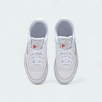 Reebok Club C 85 Women's White Leather Trainers BS7686 top view showing lace-up design, perforated toe box, and branded tongue