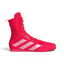 Side profile of the Lucid Red Adidas Box Hog, showing the mid-cut silhouette and the Zero Metallic silver Three Stripes.