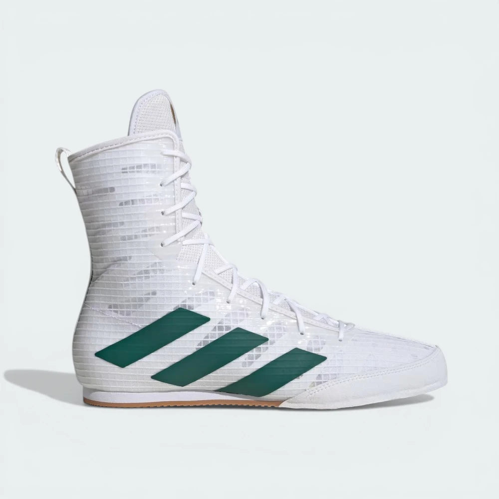 Side profile of the Cloud White and Collegiate Green Adidas Box Hog, showing the mid-cut silhouette and the vibrant green Three Stripes.