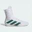 Side profile of the Cloud White and Collegiate Green Adidas Box Hog, showing the mid-cut silhouette and the vibrant green Three Stripes.