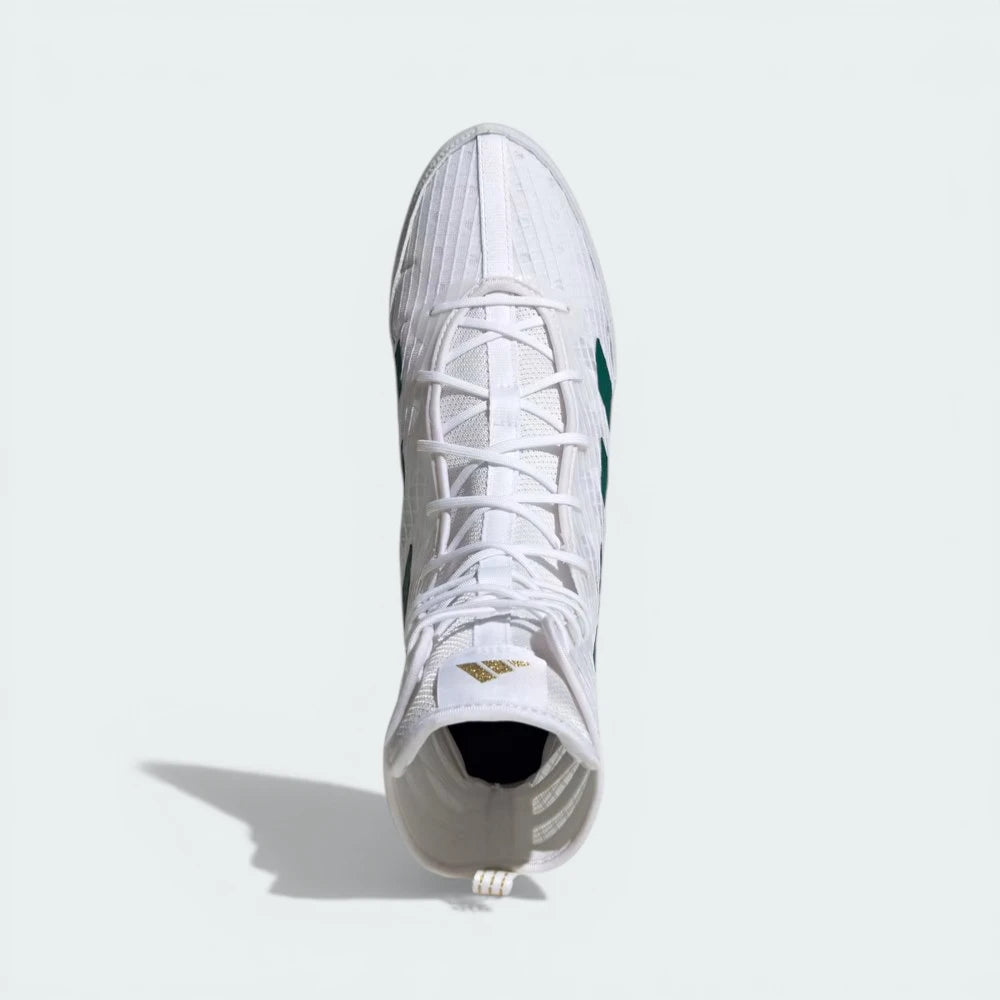 Top-down view of the boxing boots, highlighting the breathable mesh texture and the secure white lacing system.
