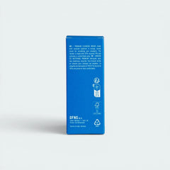 Blue rectangular box with text and icons on a white background