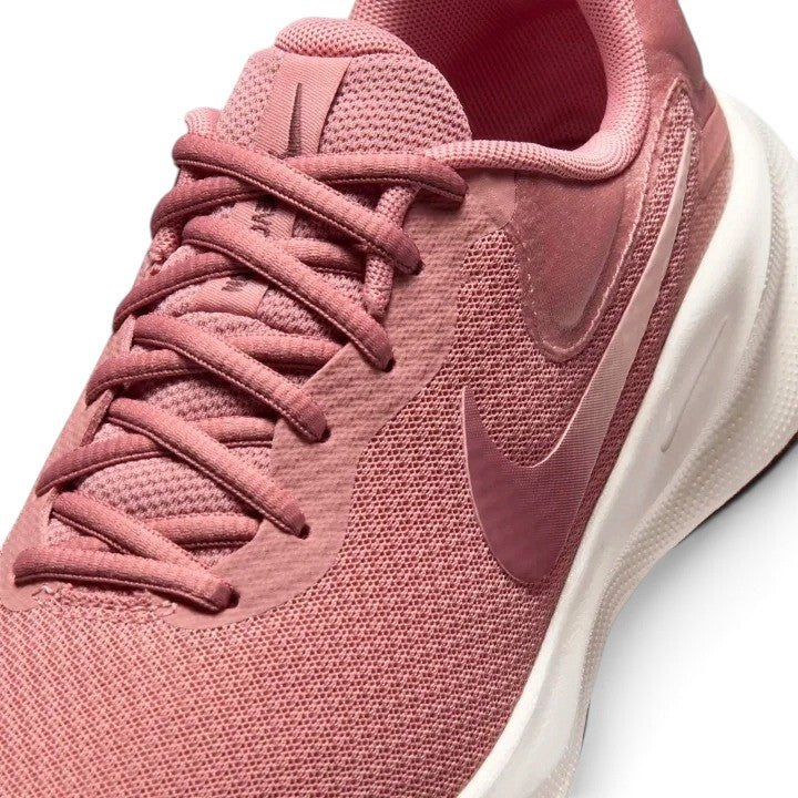 Details the micro-precision of the forefoot area, showing the open-weave Red Stardust mesh toe box, bonded protective overlay strip, flat laces, and wider toe profile.