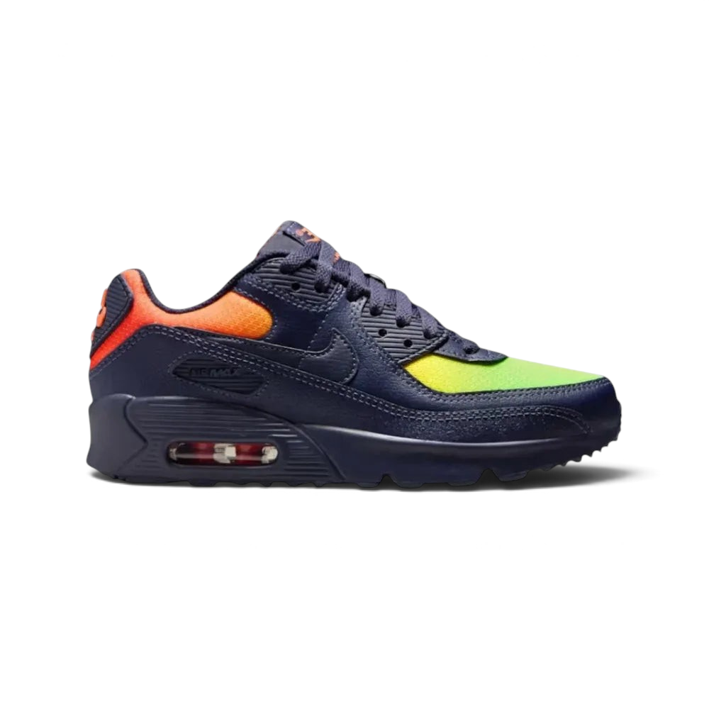 Side profile of the Nike Air Max 90 Leather, showing the Blackened Blue navy upper, vibrant Lemon Venom accents, and the iconic visible Air unit. Main image