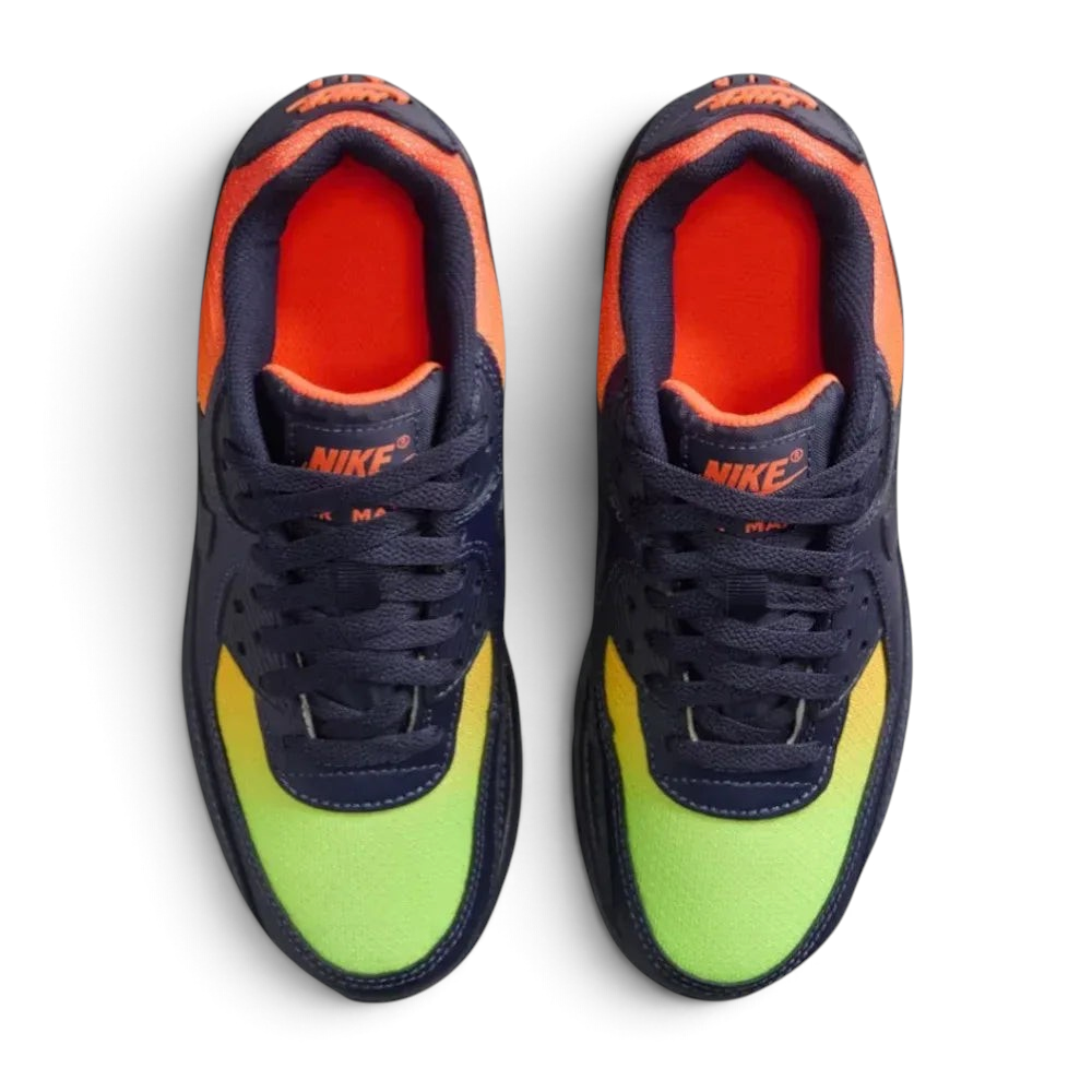 Top-down view of the trainers, highlighting the navy leather panels, black lacing system, and the Lemon Venom branding on the tongue.
