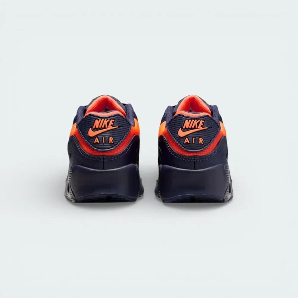 Rear view focusing on the Lemon Venom heel badge with Nike Air branding and the structured navy leather heel counter.