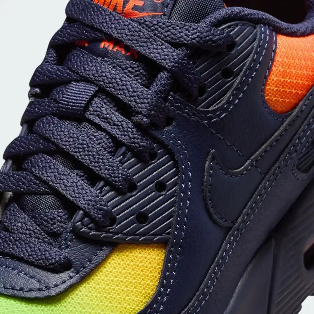 Close-up of the front, showing the quality of the Blackened Blue leather toe box and the durable TPU eyestays.