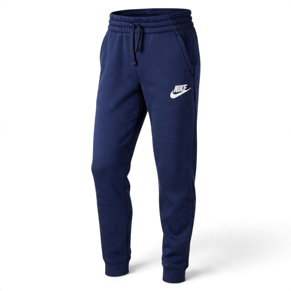 Navy blue Nike jogger sweatpants with a white Swoosh logo on the left thigh, featuring an elastic drawstring waist and ribbed cuffs.