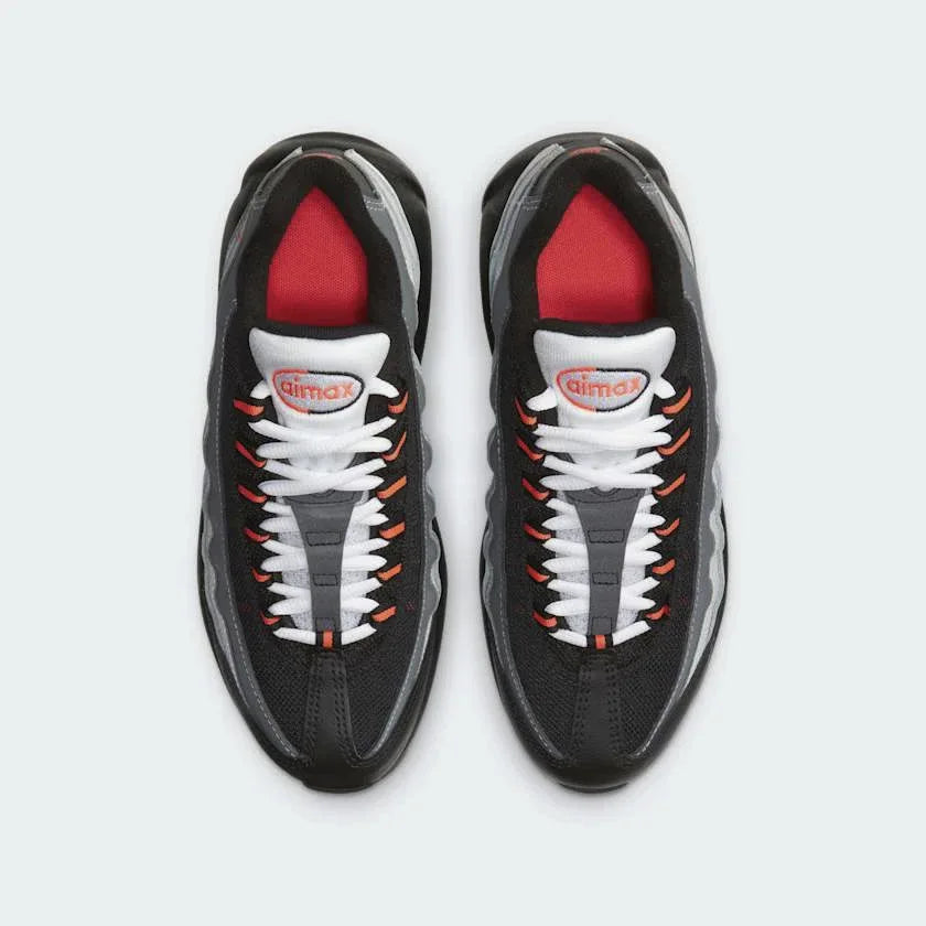 Nike Air Max 95 Recraft Juniors White Trainers CJ3906-101 top view showing lace-up closure and padded tongue