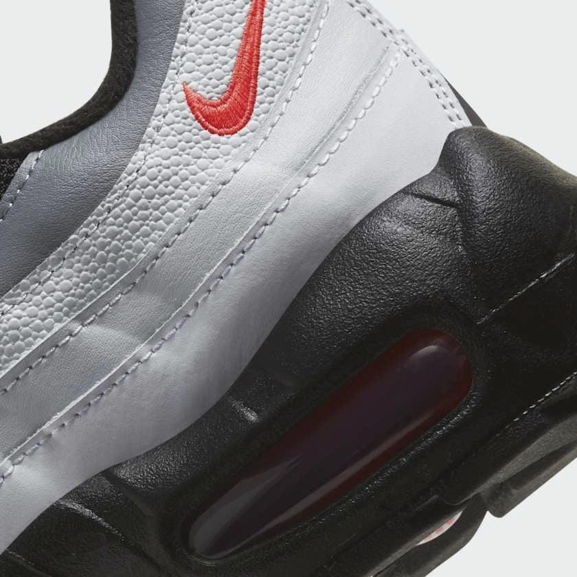 Rear underside close-up of Nike Air Max 95 Recraft Juniors White Trainers CJ3906-101 heel and visible Air unit