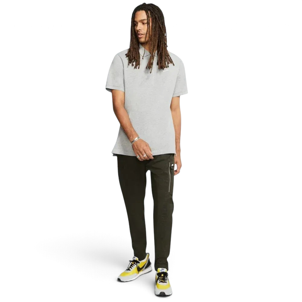 Full view of the garment, emphasizing the heathered grey fabric texture and the ribbed arm cuffs.