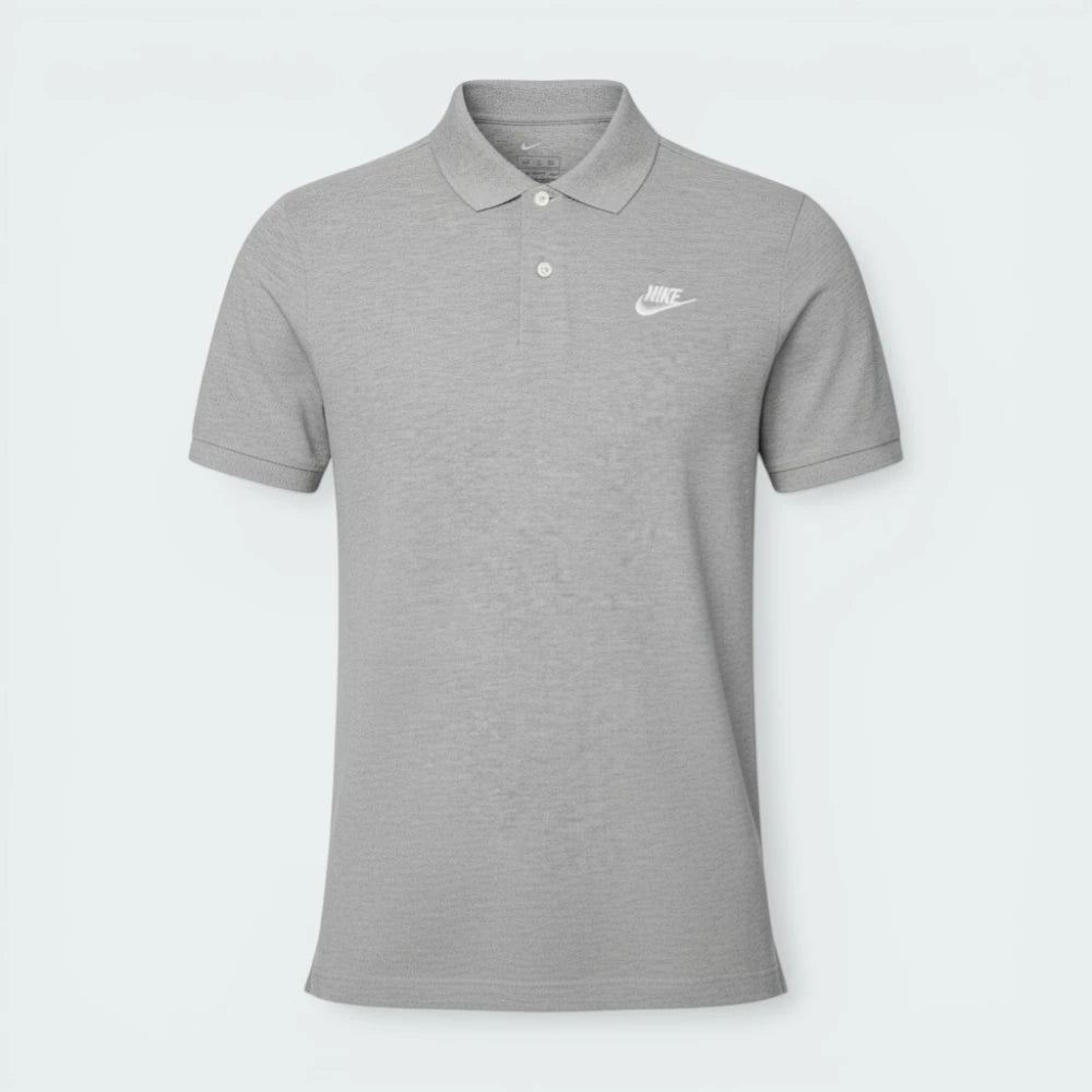 Overhead view of the polo shirt laid flat, highlighting the symmetrical 2-button placket and the crisp white embroidered logo.