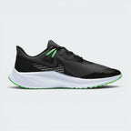 Highlights the high-velocity sweep of the Obsidian Mist Nike Swoosh, showing the professional, technical texture of the water-repellent black Shield upper resting above the textured grey midsole wall.