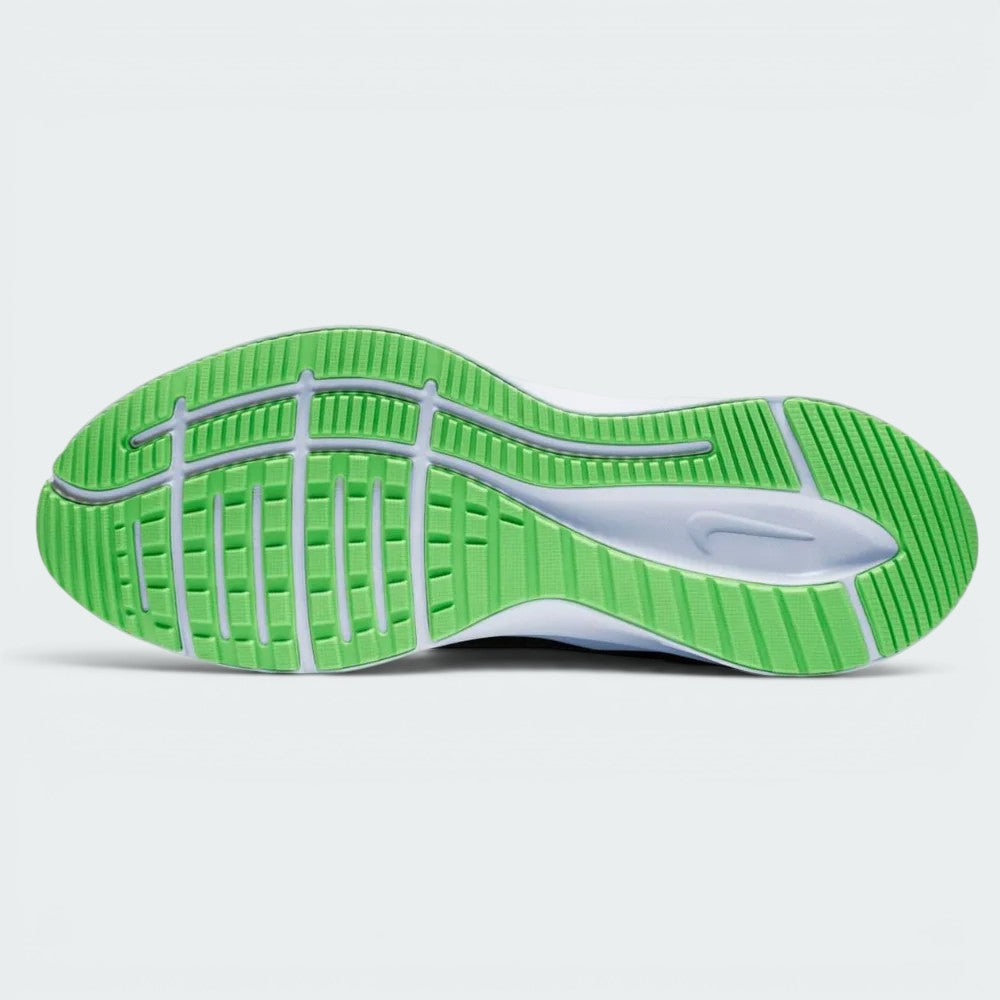 Displays the highly intricate micro-groove patterns of the black Storm-Tread rubber outsole, engineered for unreal grip and continuous water dispersion on wet pavements.
