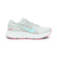 Highlights the lateral silhouette showing the Vast Grey engineered mesh upper, Glacier Ice blue Nike Swoosh, exposed grey Flywire midfoot cables, smooth white foam midsole with debossed "ZOOM" forefoot branding, pink heel Nike Running badge, and vibrant pink rubber outsole trim.