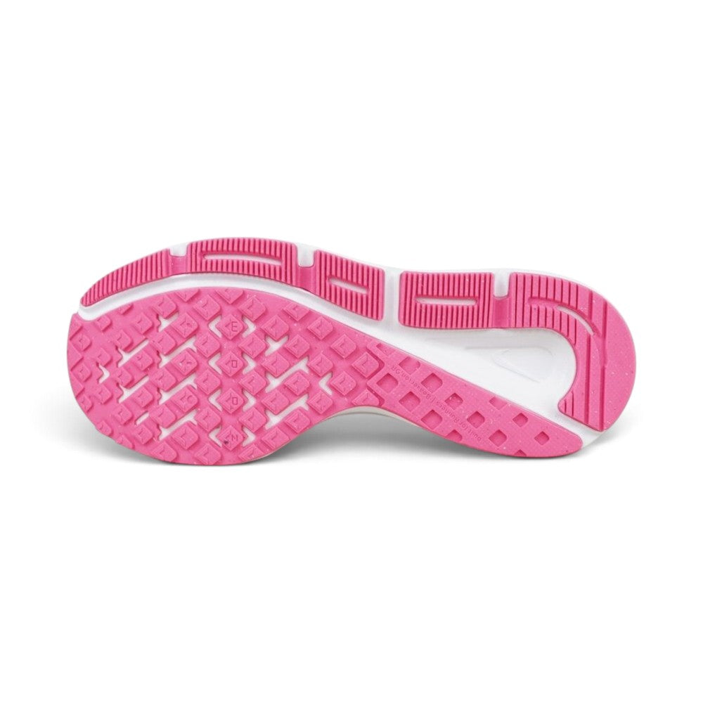Displays the full-length vibrant pink rubber outsole, showcasing the multi-directional diamond waffle grip pattern, segmented lateral crash rail, flex grooves, and recessed white foam heel cavity.
