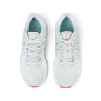 Focuses on the locked-in central lacing layout, displaying the flat grey laces, padded mesh tongues with pink-bordered "NIKE ZOOM SPAN 3" branding badges, light grey collars, and bright Glacier Ice blue insoles printed with pink Nike branding.