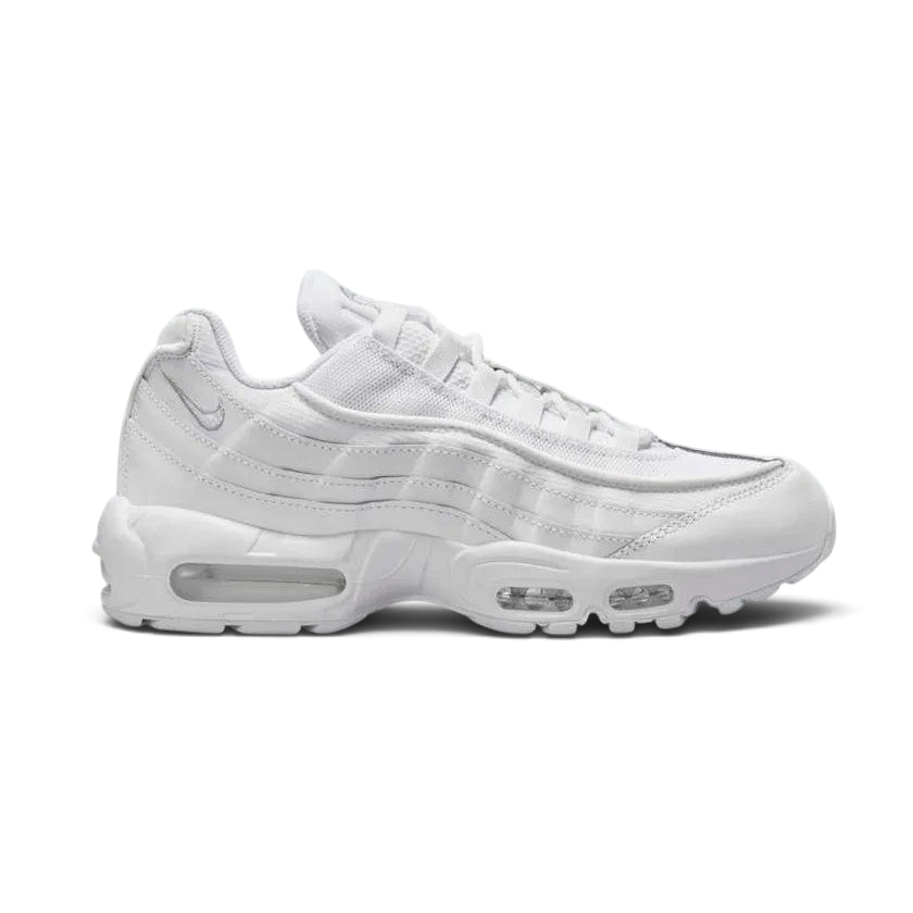 Nike Air Max 95 Essential Men's White Trainers CT1268-100 side view showing layered white upper and visible Air units in heel and forefoot