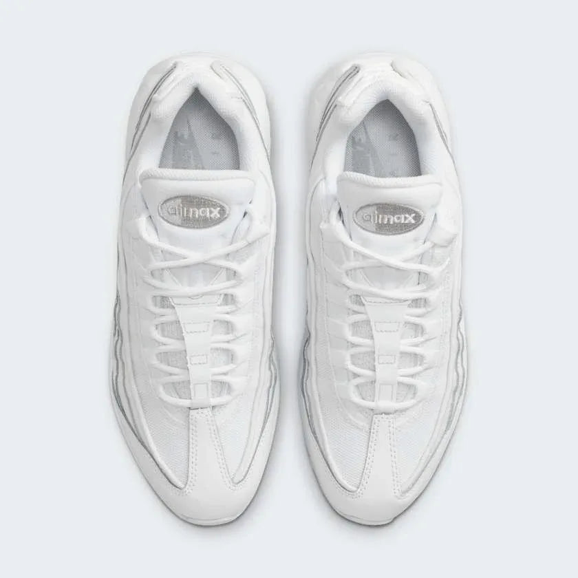 Nike Air Max 95 Essential Men's White Trainers CT1268-100 top view showing lace loops, padded tongue, and sculpted upper design